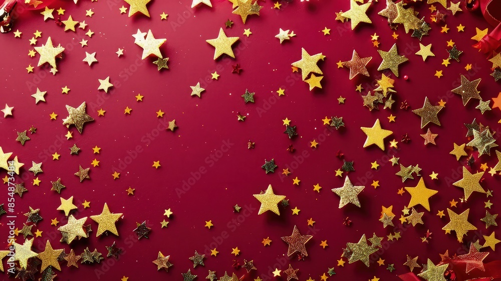 Holiday background with little golden stars scattered across a deep red background, creating a festive and vibrant atmosphere. Perfect for seasonal celebrations. Holiday background with little golden stars scattered across a deep red background, creating a festive and vibrant atmosphere. Perfect for seasonal celebrations.