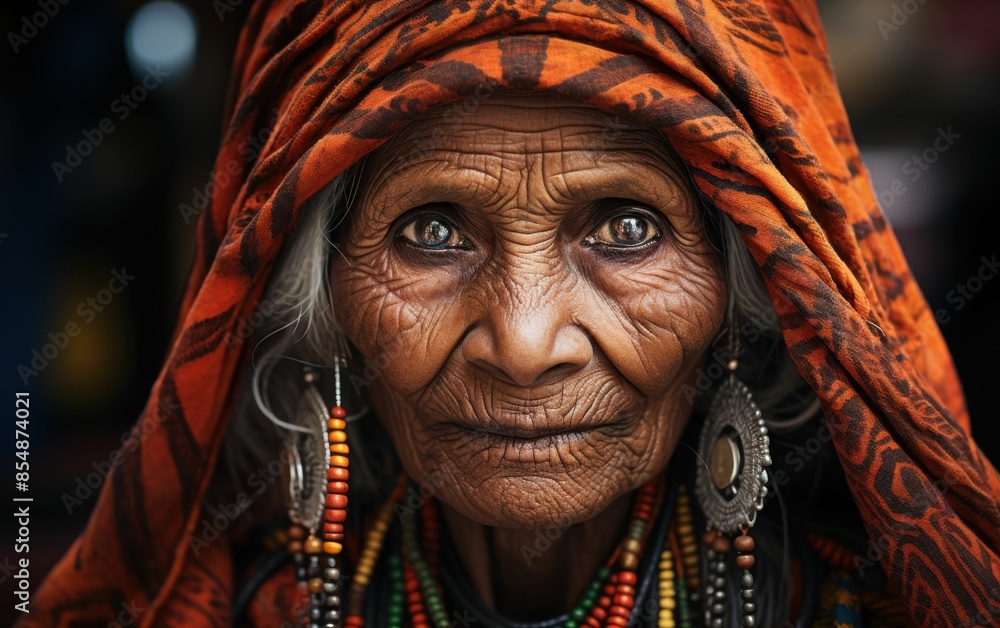 A woman with a scarf on her head and earrings. She has a very serious look on her face A woman with a scarf on her head and earrings. She has a very serious look on her face