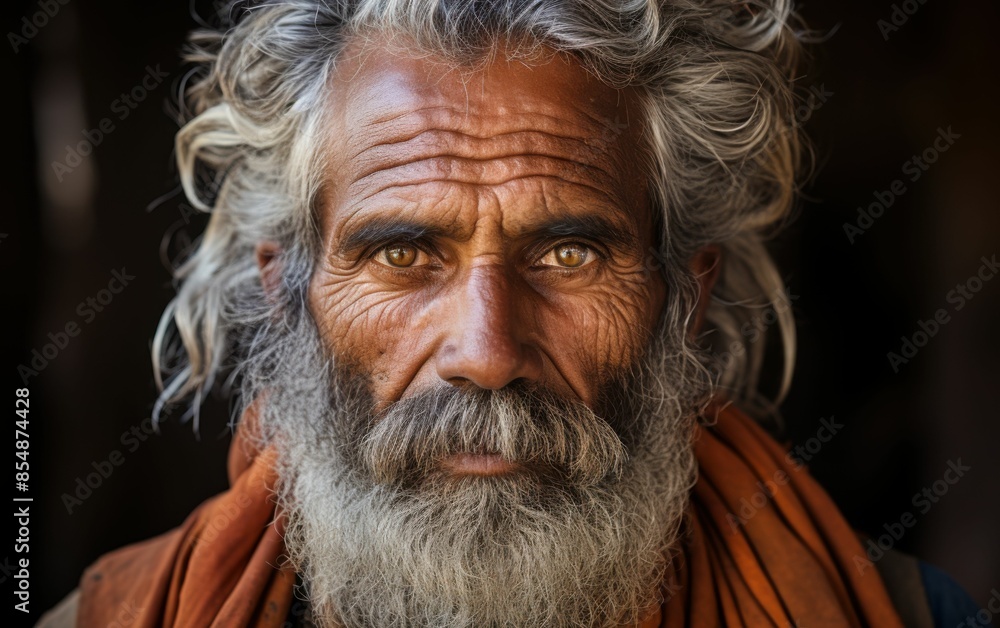 A man with a beard and white hair is wearing an orange scarf. He has a serious expression on his face A man with a beard and white hair is wearing an orange scarf. He has a serious expression on his face