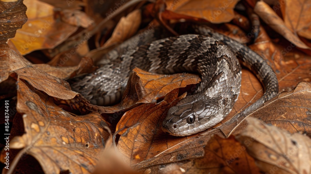 Fototapeta premium Sharp tailed snake found coiled in a pile of leaves
