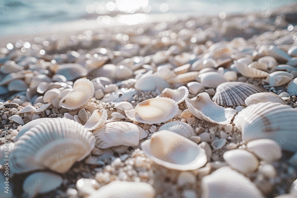 A close-up image of various seashells scattered along the sunny shoreline of a beach in Mexico. A close-up image of various seashells scattered along the sunny shoreline of a beach in Mexico.