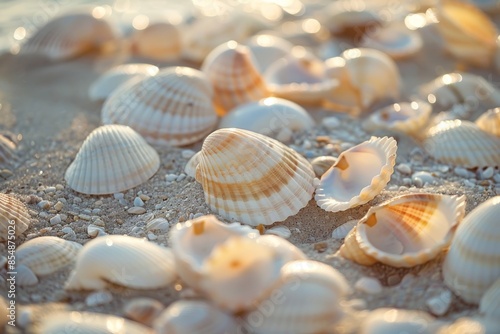 Close-up of seashells scattered along the shoreline of a sunny beach in Mexico.  © Jennie Pavl
