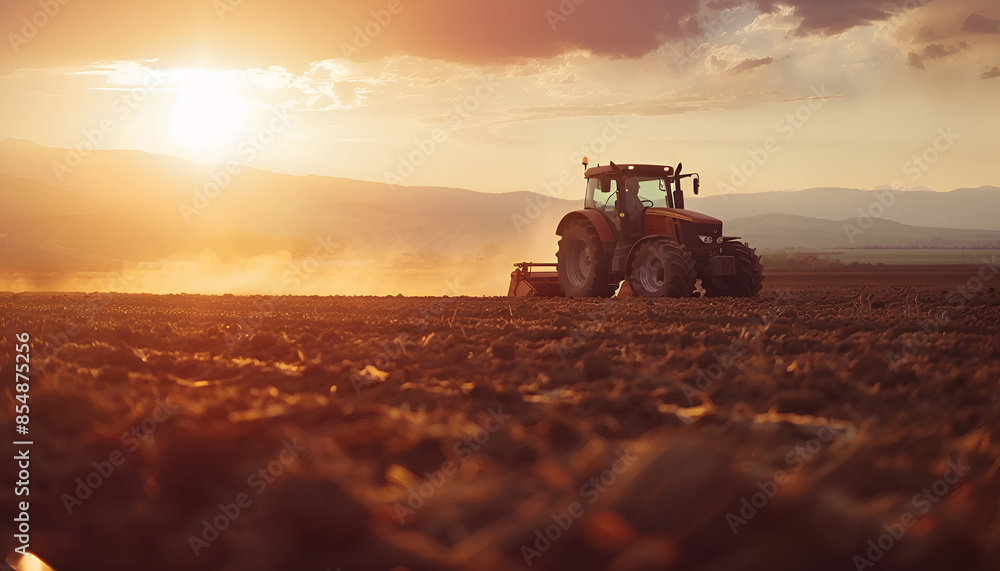 Fototapeta premium Agricultural workers with tractors. Ploughing a field with tractor at sunset