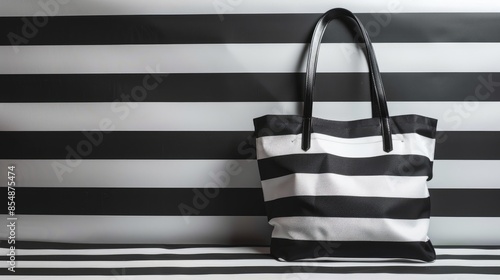 Summer beach bag with striped black and white background