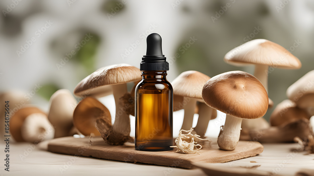 there is a bottle of essential oil sitting on a cutting board with mushrooms there is a bottle of essential oil sitting on a cutting board with mushrooms