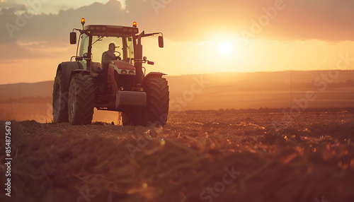 Agricultural workers with tractors. Ploughing a field with tractor at sunset photo