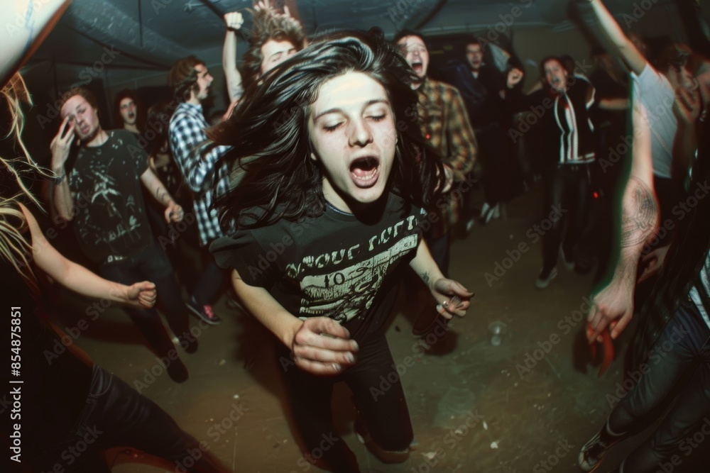 Obraz premium Young woman with long black hair singing and headbanging at a concert in a crowded venue