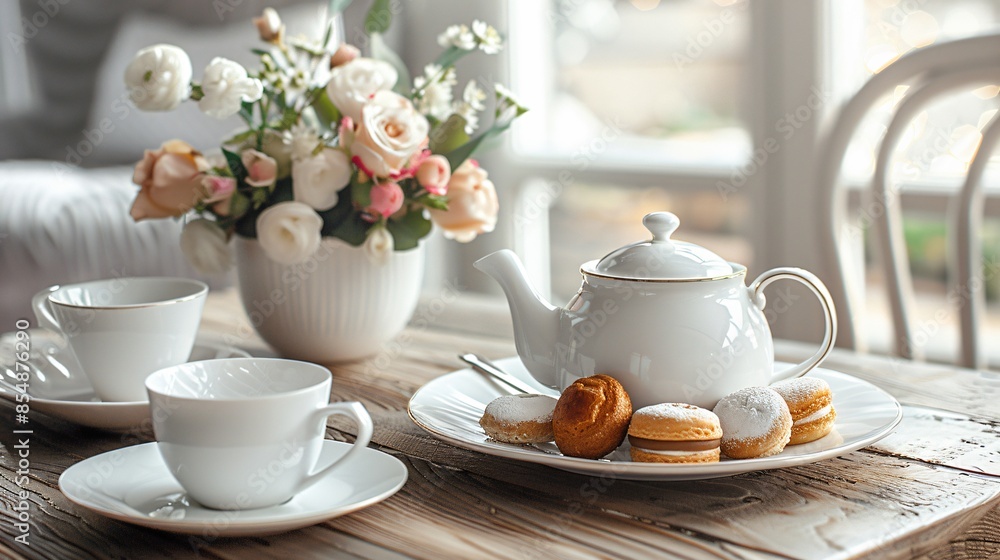 A tranquil tea time setup with a teapot, delicate teacups, a plate of assorted pastries, and a blooming flower arrangement A tranquil tea time setup with a teapot, delicate teacups, a plate of assorted pastries, and a blooming flower arrangement