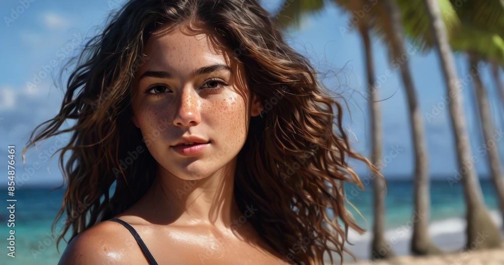 Close-up portrait of a girl with freckles on the beach Close-up portrait of a girl with freckles on the beach