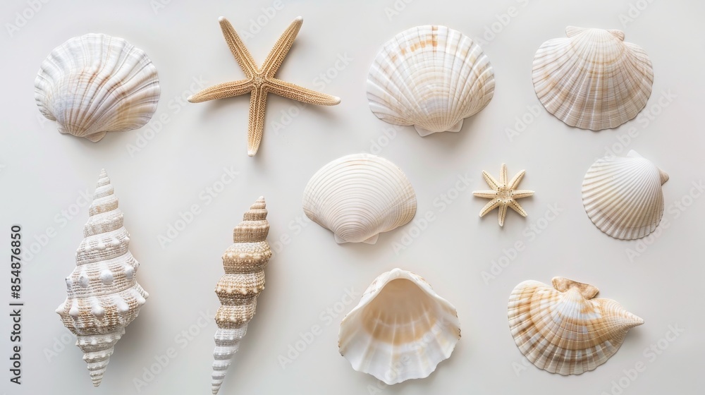 Collection of shells and a starfish in various shapes and sizes showing, beige tones, 16:9 Collection of shells and a starfish in various shapes and sizes showing, beige tones, 16:9