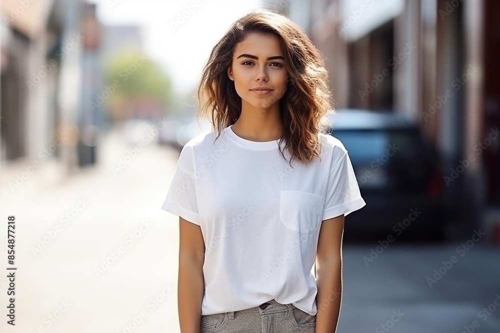 A woman in a white shirt and jeans stands on a sidewalk in front of a car A woman in a white shirt and jeans stands on a sidewalk in front of a car
