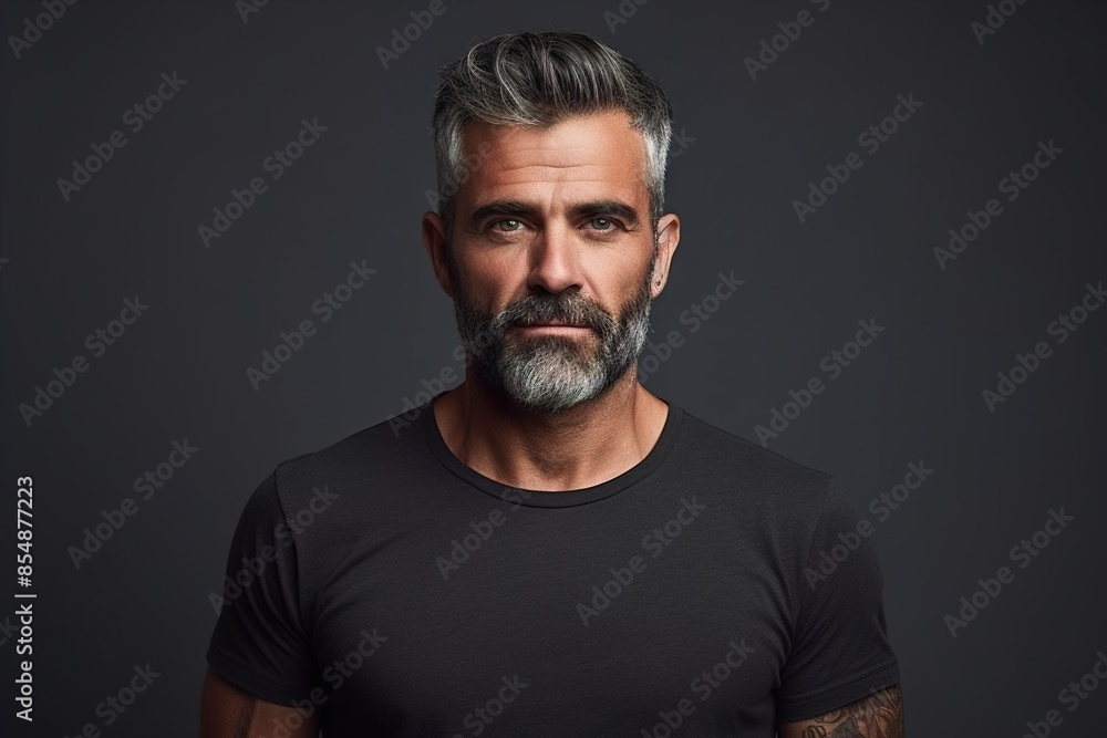 A man with a beard and gray hair is wearing a black shirt A man with a beard and gray hair is wearing a black shirt