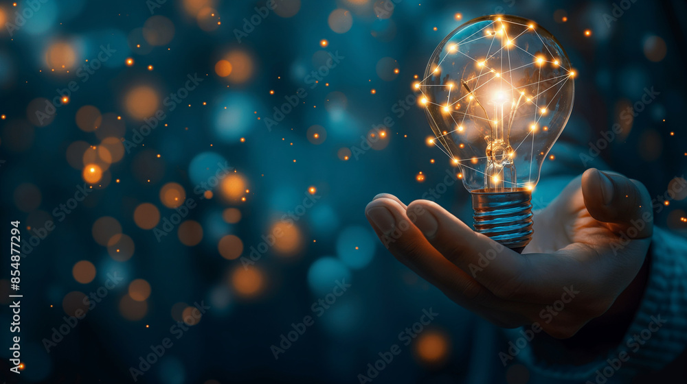 Hand Holding Glowing Light Bulb with Network Connections on Bokeh ...