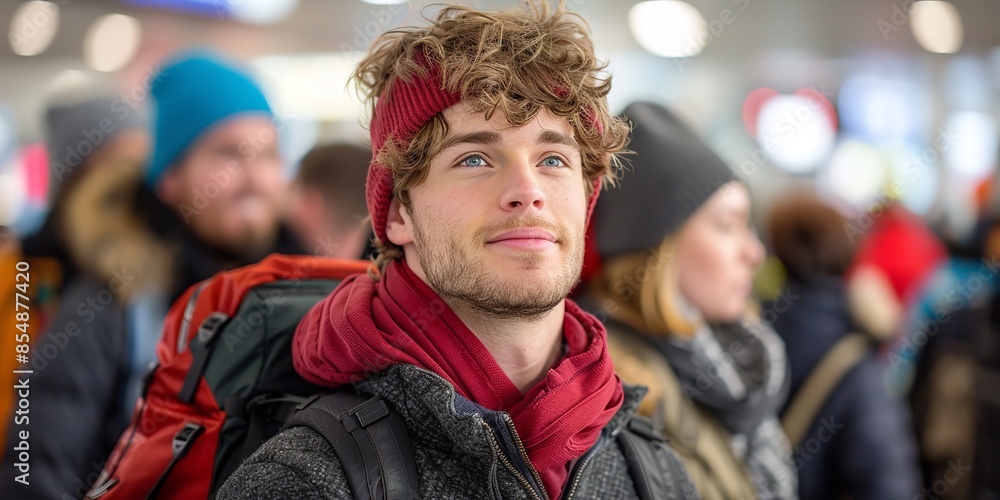 Obraz premium A young man with curly hair is wearing a red scarf and a backpack in a crowded area