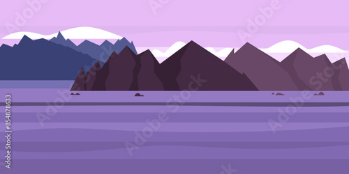 Landscape of the coastal rocky hilly area. Calm coast of the sea, ocean, lake. Sea bays. Horizontal natural landscape in purple colors with hills and rocks, pink sky and clouds. Flat style landscape.