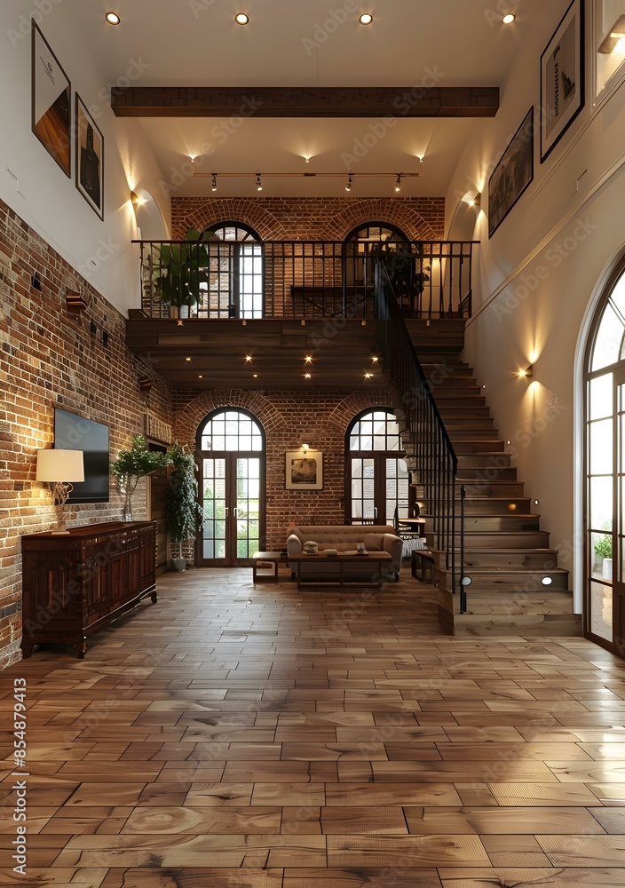 Fototapeta premium Modern Loft Interior Design With Brick Walls, Wooden Floor and Staircase