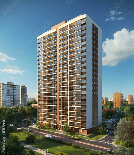 The facade of a residential building with brown brick and white concrete elements. photo