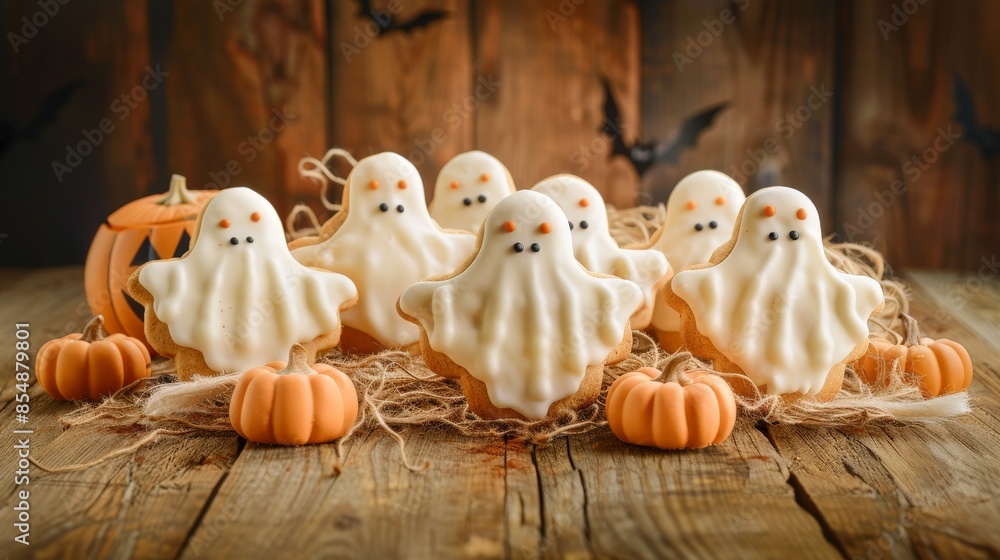 Organic themed photo of Halloween themed cookies in the shape of ghosts and pumpkins displayed on a rustic wooden table ideal for ads Organic themed photo of Halloween themed cookies in the shape of ghosts and pumpkins displayed on a rustic wooden table ideal for ads