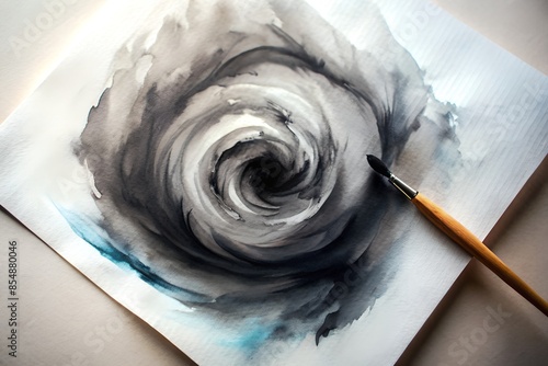 Abstract Watercolor Swirl with Brush on Canvas in Neutral Tones photo