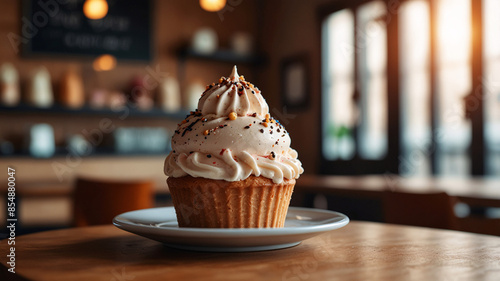 An elegant cupcake with creamy white frosting and sprinkles, presented on a ceramic plate photo