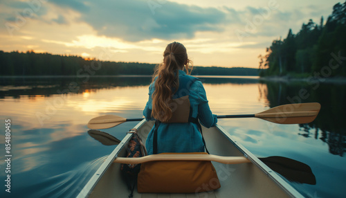 Glimpsing the tranquil waters. Rearview shot of a young woman savoring a canoe ride on the lake © Anne