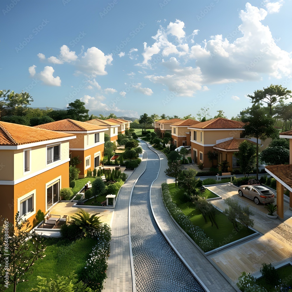 Φωτογραφία A collection of houses in a suburban neighborhood with a tree lined street