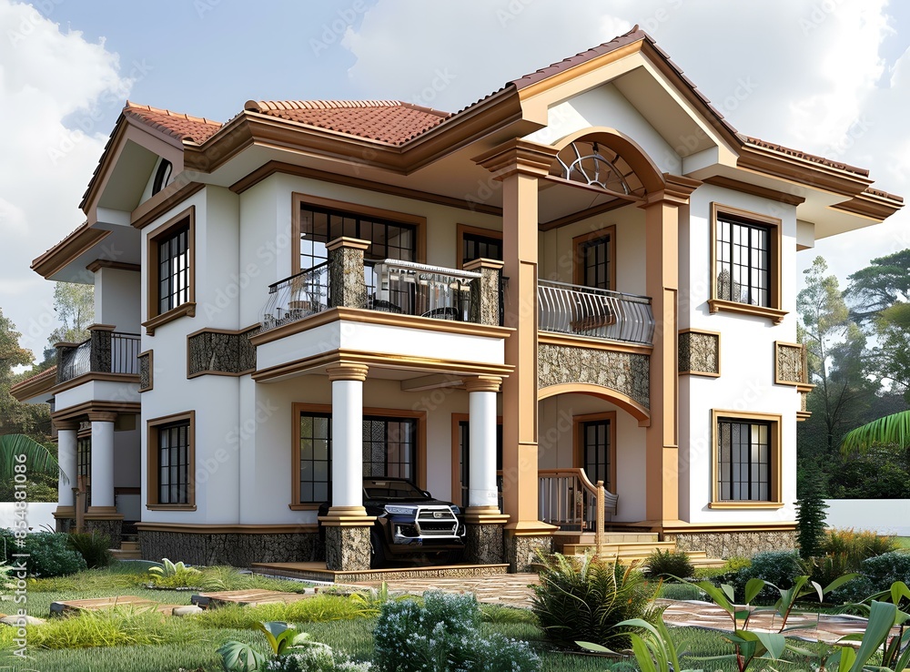 Fototapeta premium Modern Two Story Home Exterior Design With Balcony