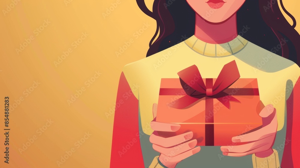 Woman holding gift box with red bow in hands Woman holding gift box with red bow in hands