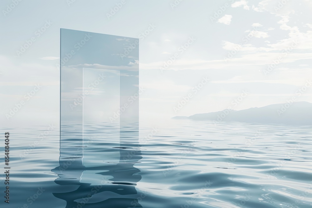Fototapeta premium Surreal transparent rectangle in the calm ocean under a blue sky