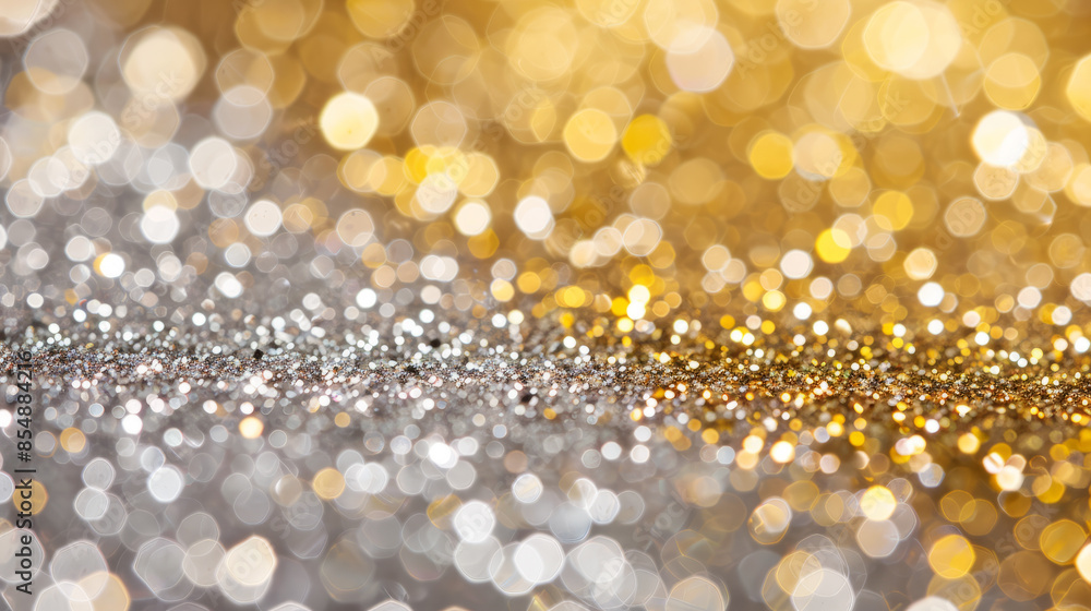 A vibrant background filled with sparkling glitter in various shades of gold and silver. Silver and gold glitter with bokeh lights. Holiday background for celebration and design. A vibrant background filled with sparkling glitter in various shades of gold and silver. Silver and gold glitter with bokeh lights. Holiday background for celebration and design.