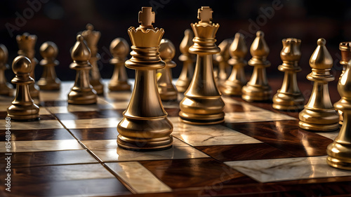 A close-up view of a chessboard filled with various chess pieces
