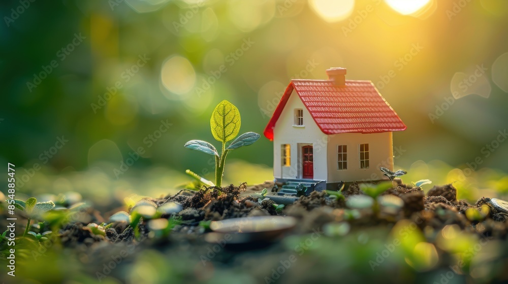 Miniature house growing in soil with red roof and green plant in the sunlight Miniature house growing in soil with red roof and green plant in the sunlight