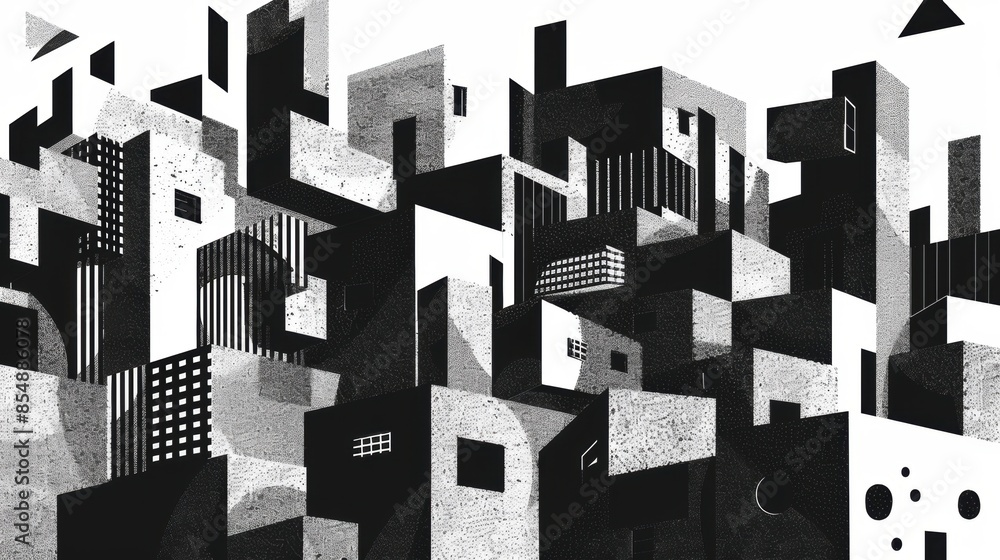Naklejka premium Abstract geometric black and white cityscape illustration