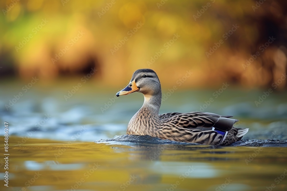 View from side body of a Crested duck swimming in river, Awe-inspiring, Full body shot ::2 Side Angle View