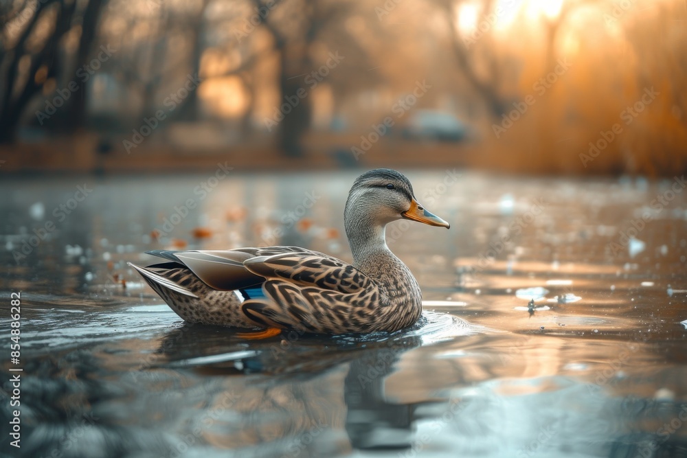 View from side body of a Crested duck swimming in river, Awe-inspiring, Full body shot ::2 Side Angle View