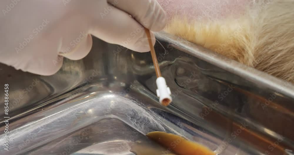 Cloudy urine drains into a tray from a urinary catheter in the dog's urethra. The veterinary