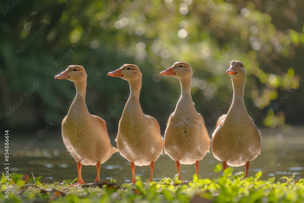 View from side body of a three Crested duck standing on riverside, Awe-inspiring, Full body shot ::2 Side Angle View