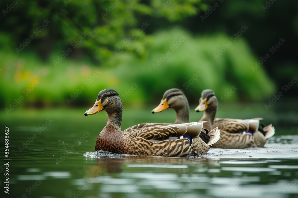 View from side body of a three Cayuga duck swimming in river, Awe-inspiring, Full body shot ::2 Side Angle View View from side body of a three Cayuga duck swimming in river, Awe-inspiring, Full body shot ::2 Side Angle View