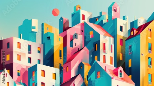 Abstract geometric townscape with a red sun