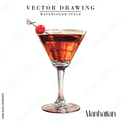 Manhattan alcoholic cocktail vector vintage watercolor style