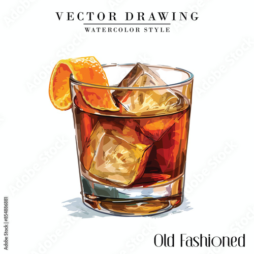 Old Fashioned alcoholic cocktail vector vintage watercolor style