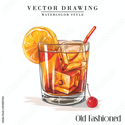 Old Fashioned alcoholic cocktail vector vintage watercolor style