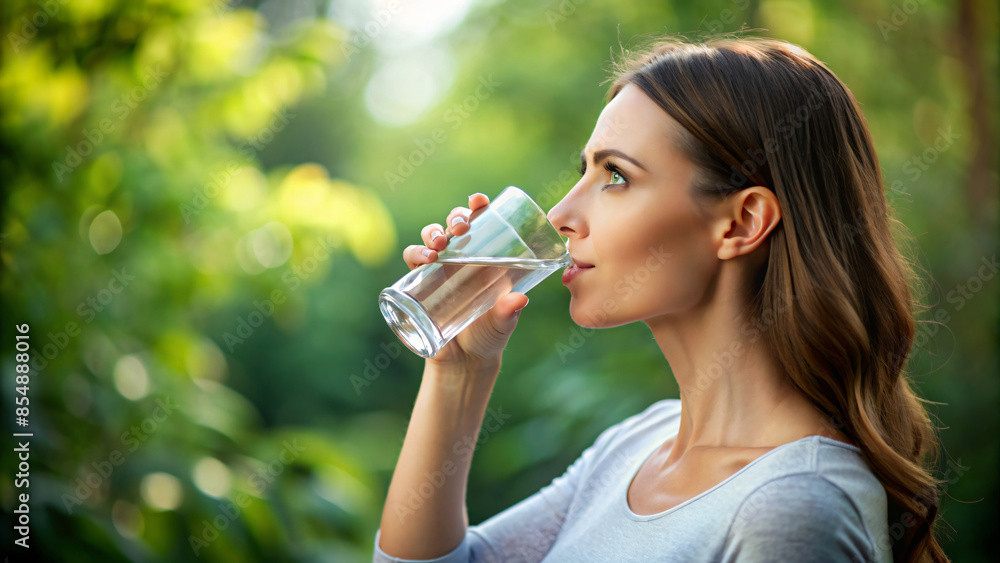 Woman drinking water from a glass outdoors on a summer day Woman drinking water from a glass outdoors on a summer day