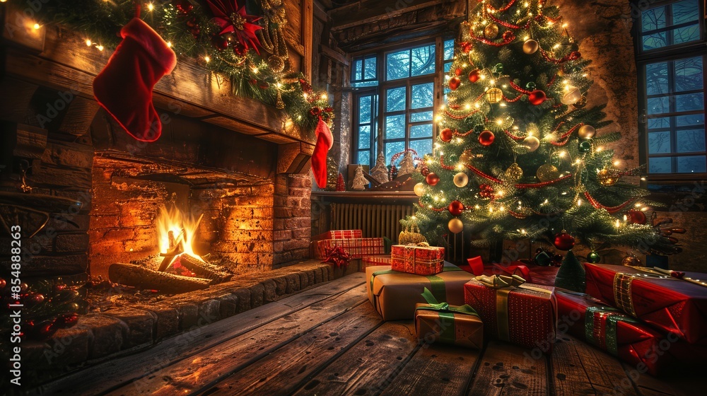 Obraz premium Cozy Christmas Eve with a beautifully decorated Christmas tree by a warm fireplace in a rustic living room. Holiday atmosphere captures festive spirit and family joy. 