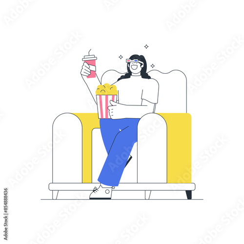 Movie Lovers Eating Popcorn in Cinema Outline Illustration