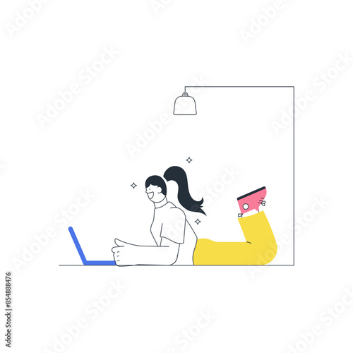 Workaholic Woman on Laptop Outline Illustration