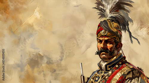 A Turkish Janissary warrior with feathered hat and elaborate uniform, illustration.


 photo