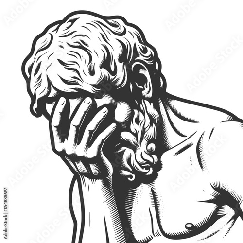 classical male statue facepalm hand covering his face, expressing frustration or disappointment sketch engraving generative ai vector illustration. Scratch board imitation. Black and white image.