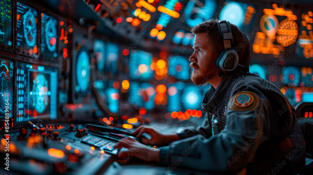 Military officer in space ship control room Military officer in space ship control room