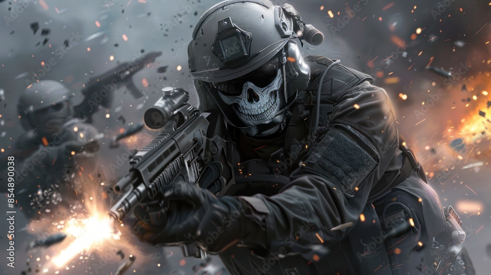 Video Game Inspiration Special Force with Skeleton Mask Hold Their Weapon Video Game Inspiration Special Force with Skeleton Mask Hold Their Weapon